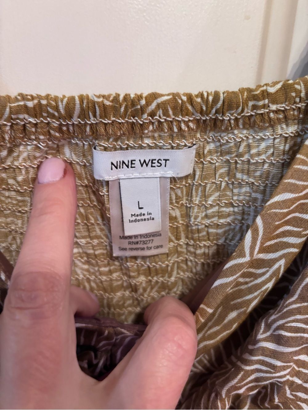 Nine West Brown Printed Puff Sleeve Tie-Front Blouse - Picture 3 of 5